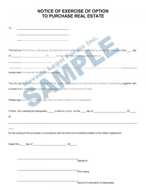 NOTICE OF EXERCISE OF OPTION TO PURCHASE REAL ESTATE Nevada Legal