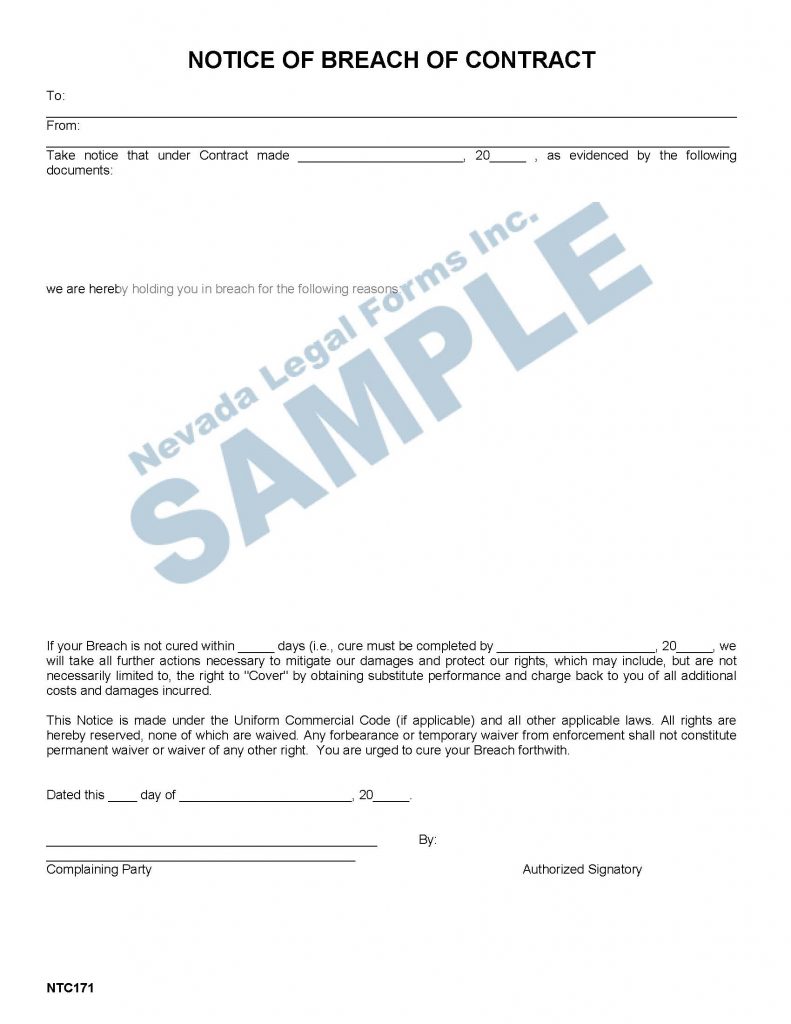 NOTICE OF BREACH OF CONTRACT Nevada Legal Forms & Services