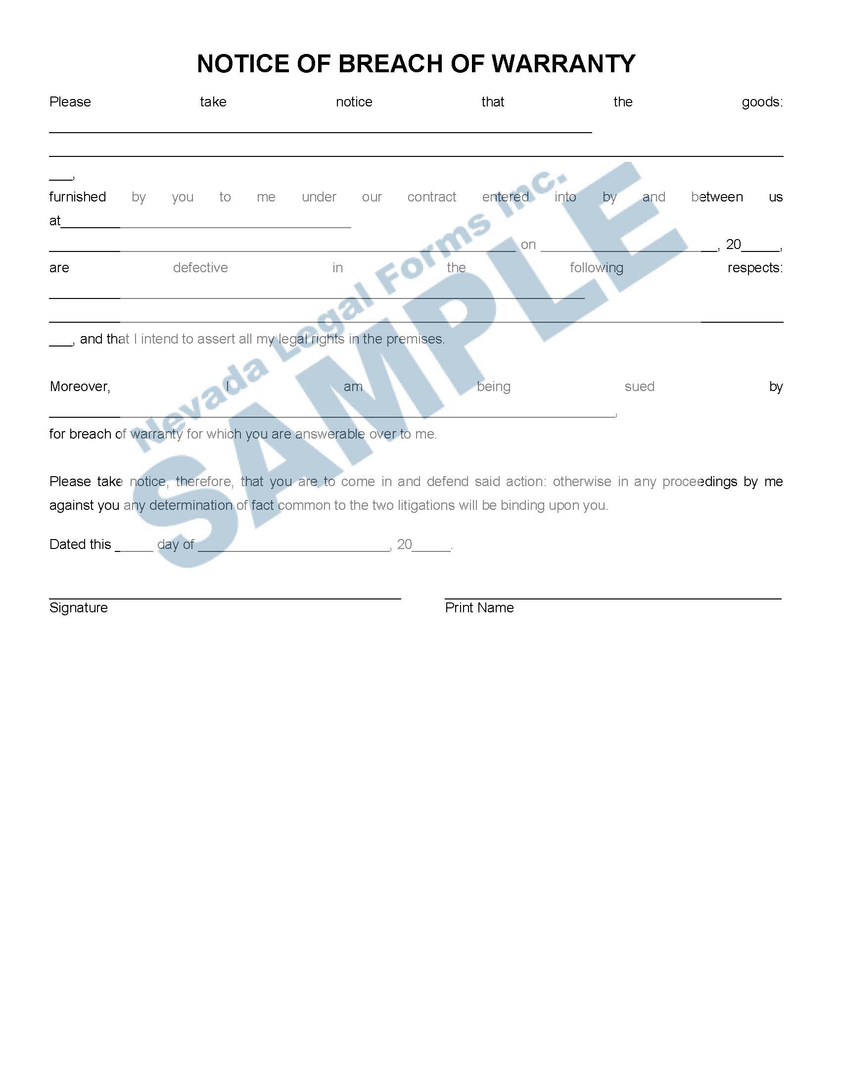 NOTICE OF BREACH OF WARRANTY Nevada Legal Forms & Services