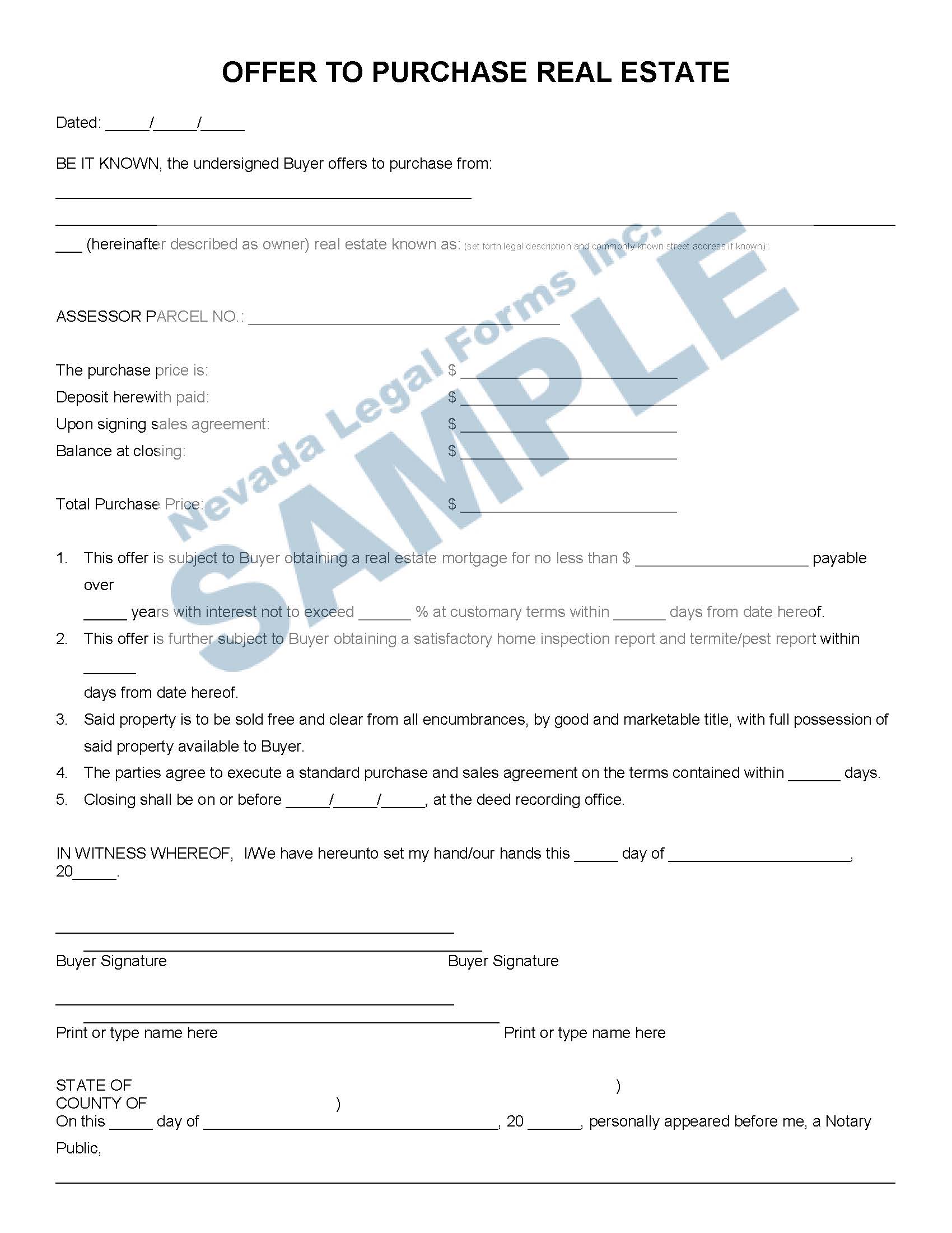 OFFER & ACCEPTANCE FOR REAL ESTATE Nevada Legal Forms & Services