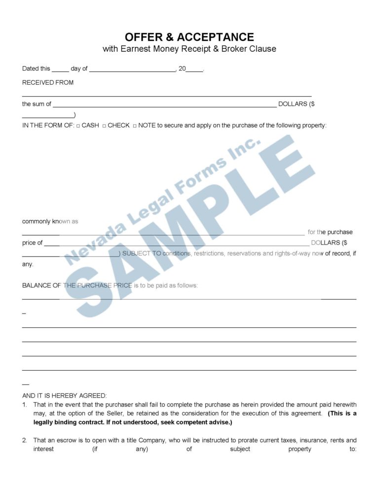 OFFER & ACCEPTANCE (with Earnest Money Receipt & Broker Clause