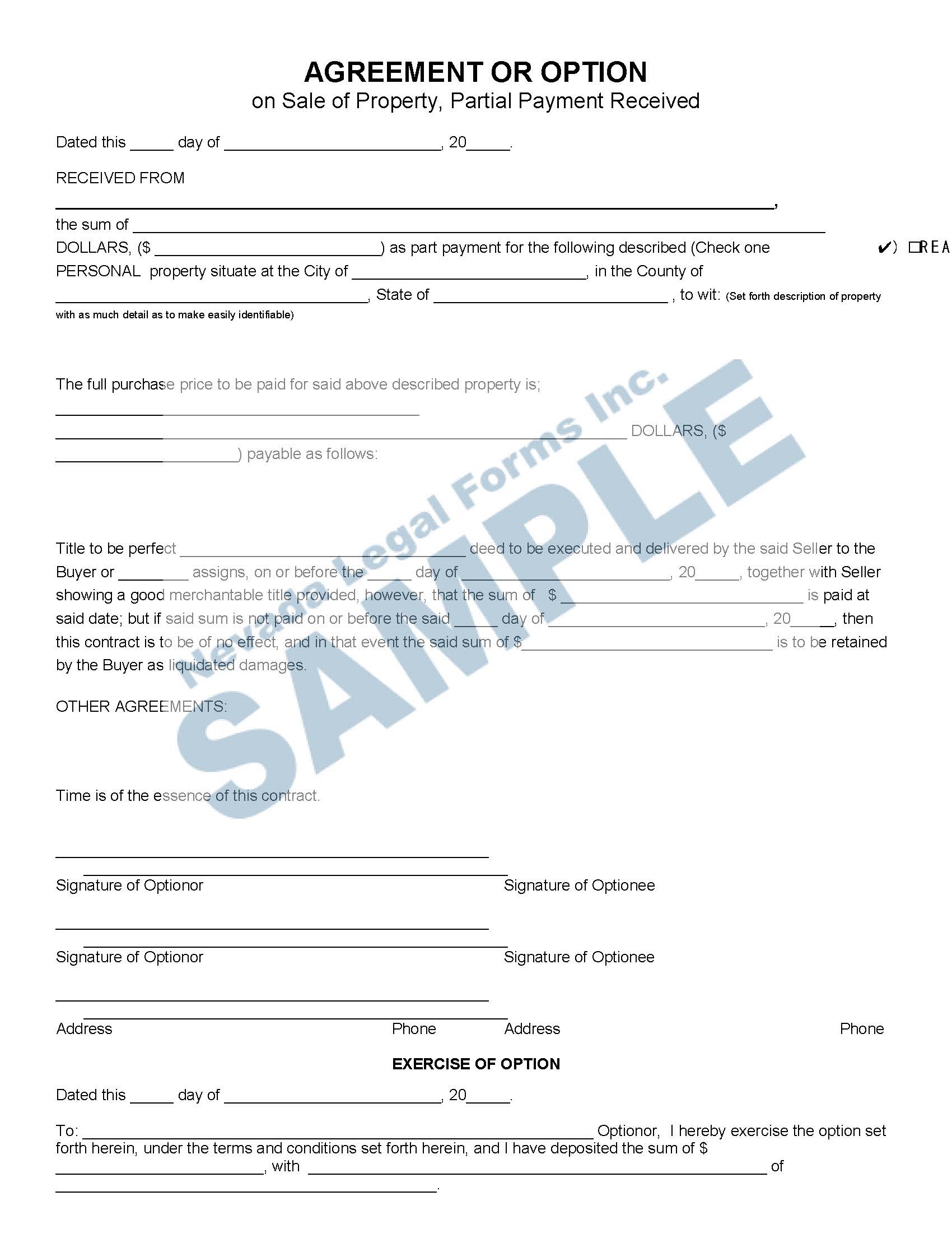 AGREEMENT OR OPTION (on Sale of Property, Partial Payment Received