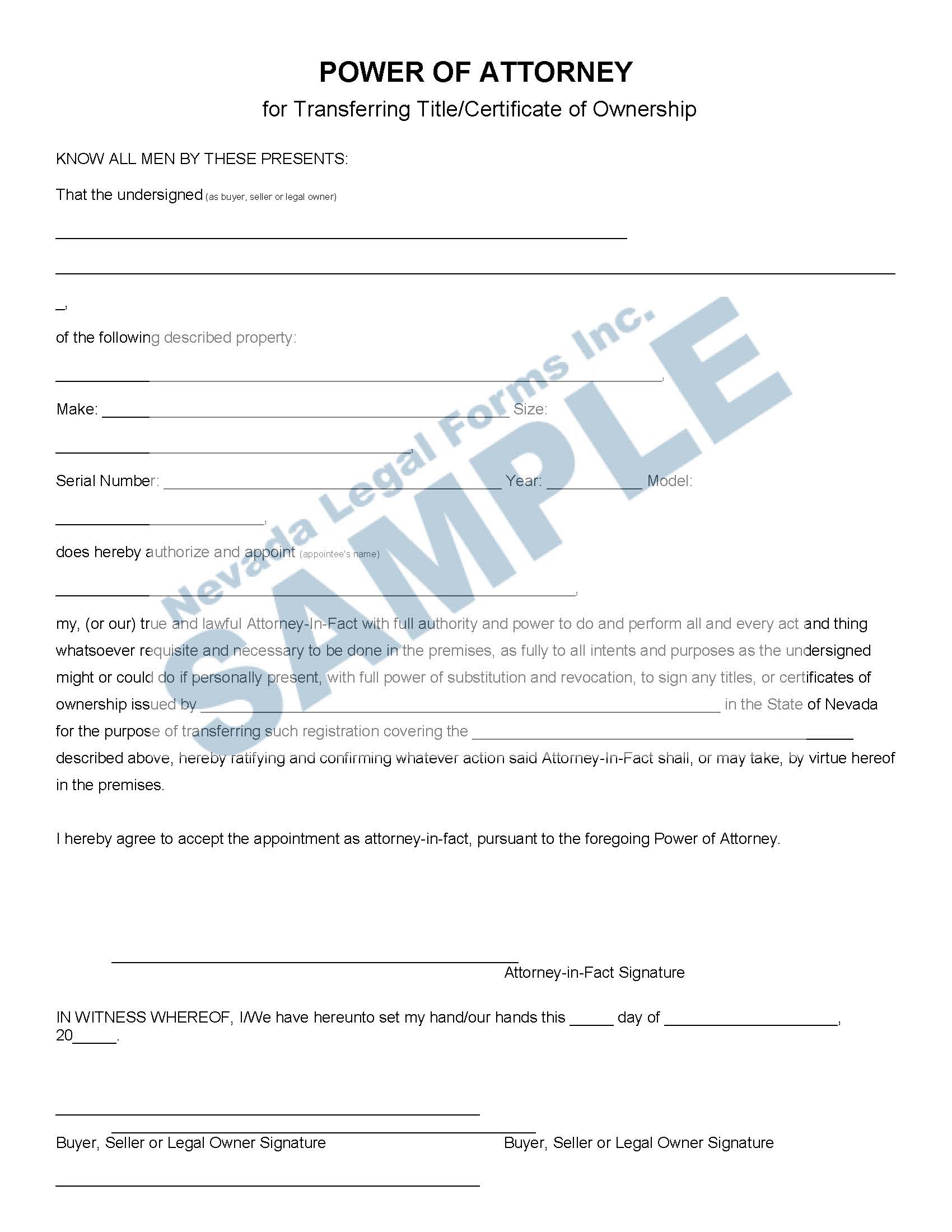 POWER OF ATTORNEY (for Transferring Title/Certificate of Ownership