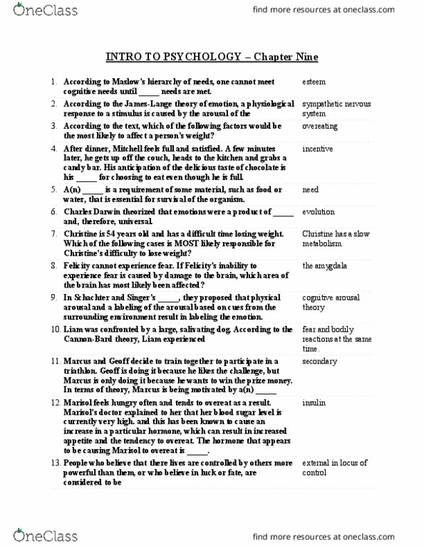 Class Notes For Psychology At Florida International University (Fiu)