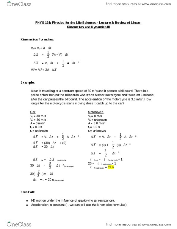 Spice of Lyfe Physics 20 Kinematics Formula Sheet