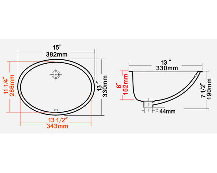 15” Undermount Oval Porcelain Ceramic Sink UEC