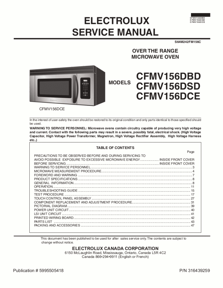 Frigidaire Microwave Oven Service Manual Model CFMV156DBD