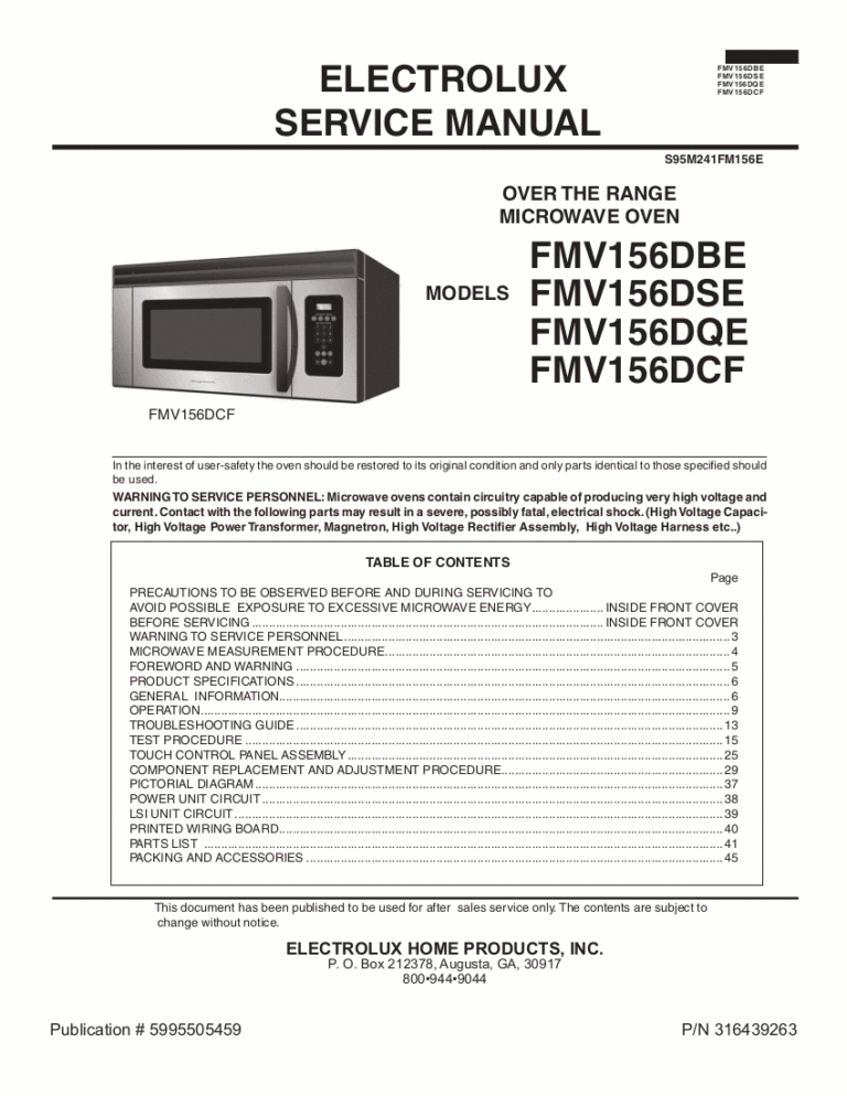 Frigidaire Microwave Oven Service Manual Model FMV156DBE