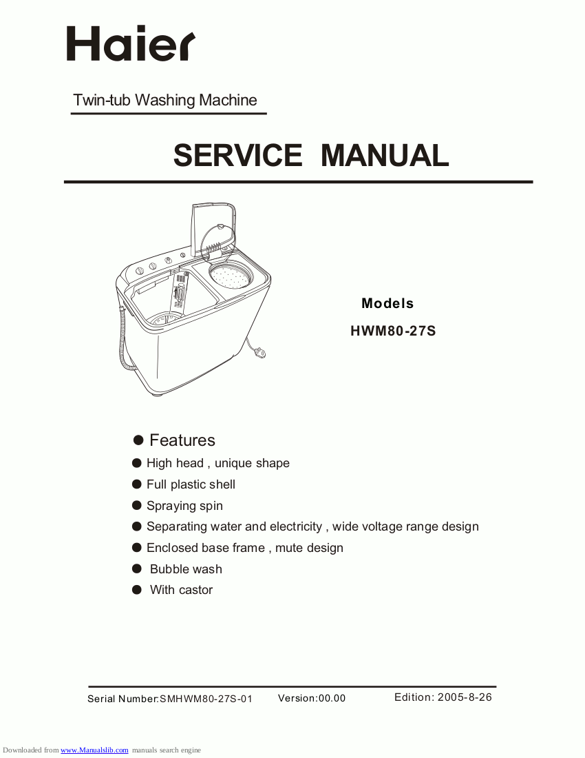 Haier Washer Service Manual for Model HWM8027S