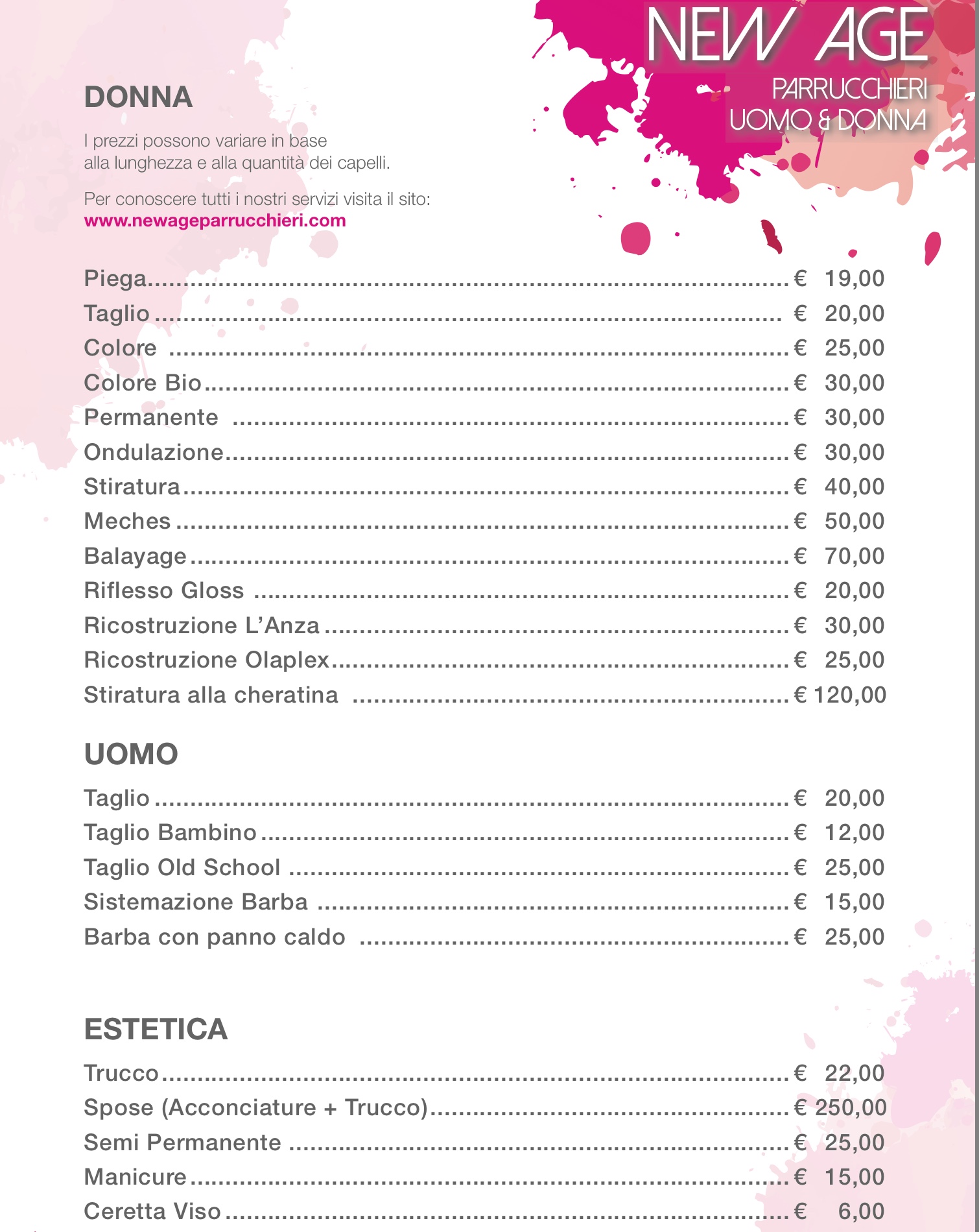 Listino prezzi New Age Parrucchieri
