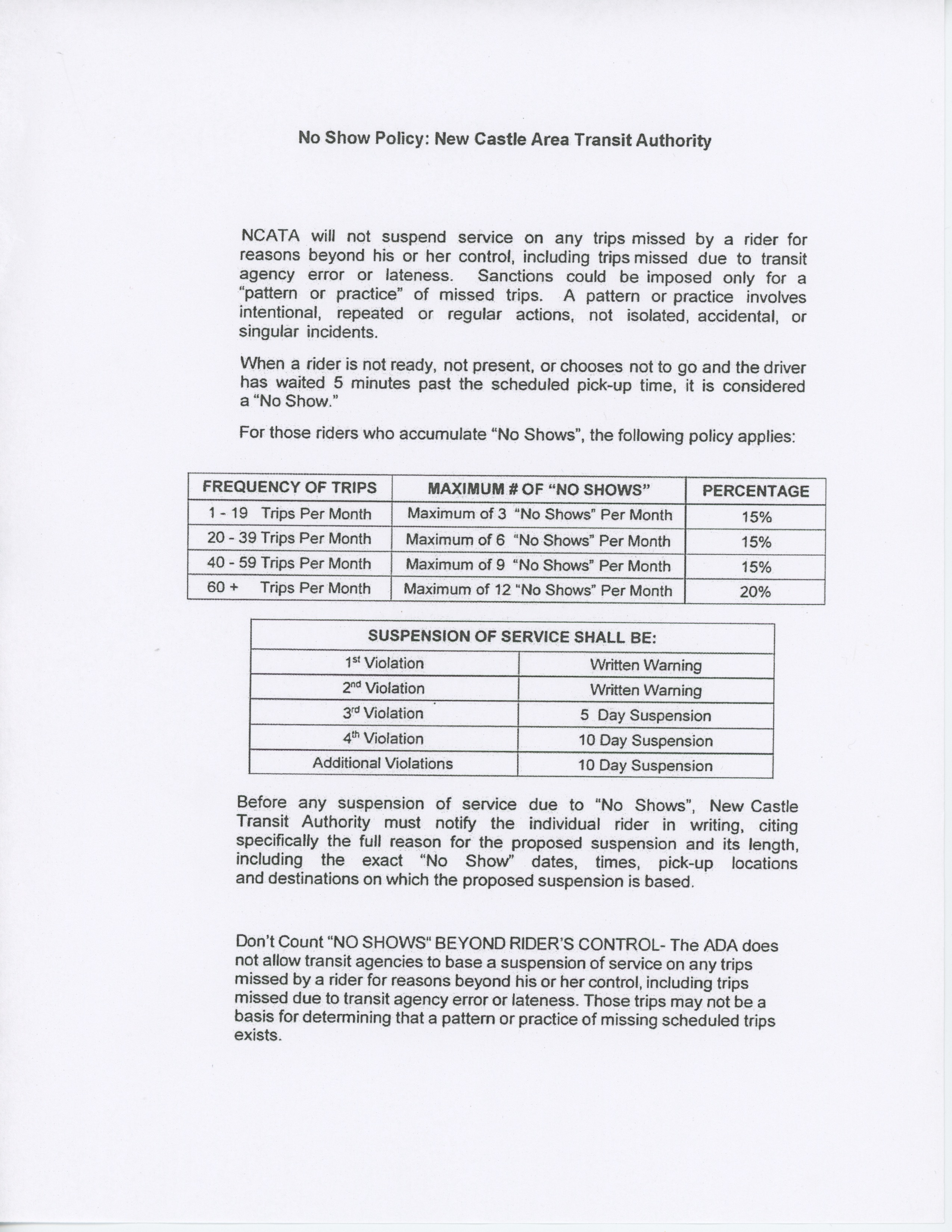 ADA Paratransit Resources & Policies New Castle Area Transit Authority