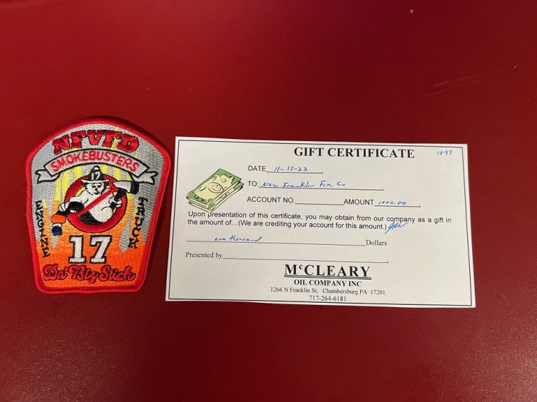 1000 McCleary Oil Company Gift Certificate New Franklin Fire Company