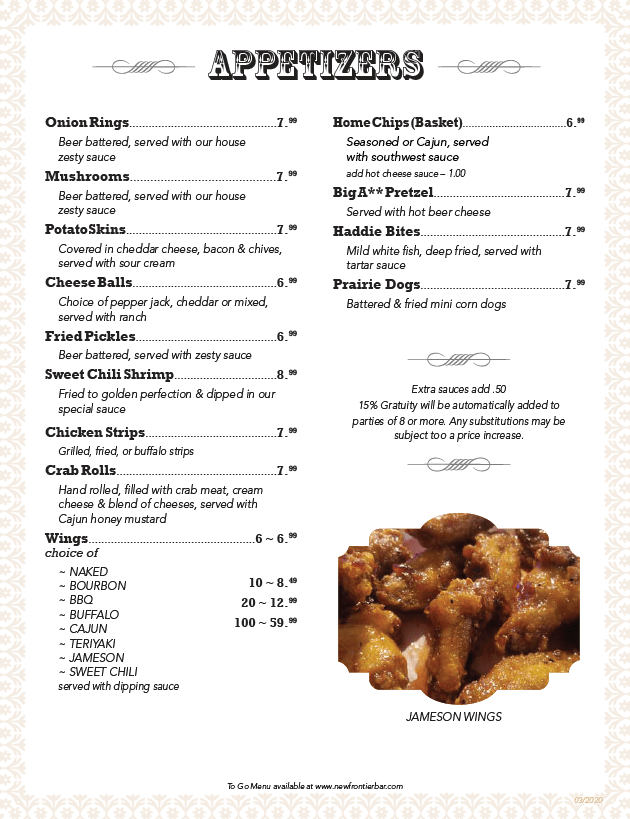 New Frontier Restaurant & Bar Menu New Frontier Restaurant & Bar