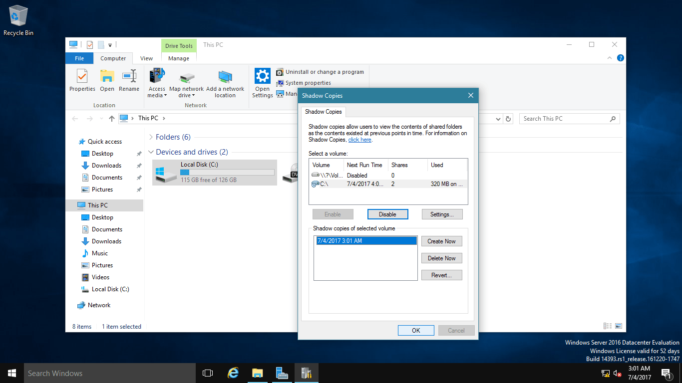 Step by Step How to Configuring Shadow Copies in Windows Server 2016