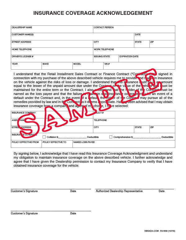 Insurance Coverage Acknowledgement New Mexico Independent Auto