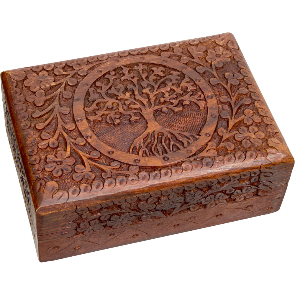 Tree of Life Carved Shisham Wood Lined Box New Moon Cottage