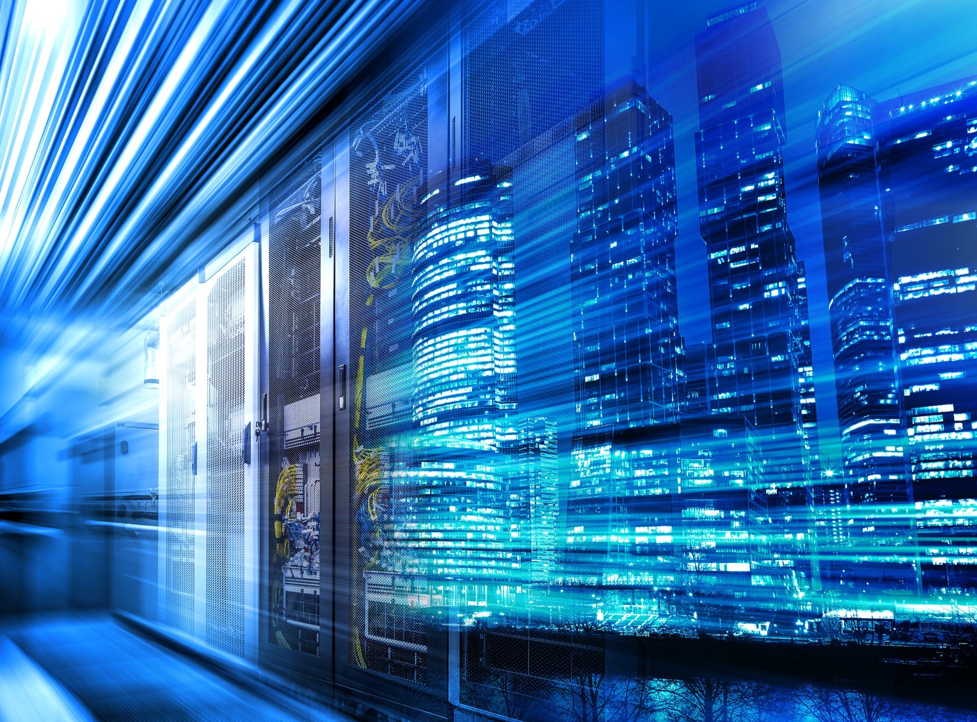 Light trails on modern building background and data center servers are