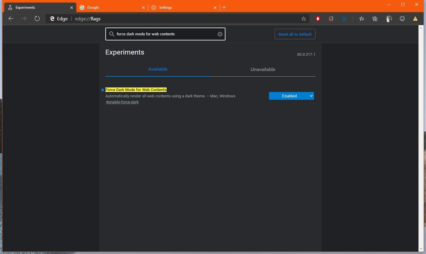 Enable Dark Mode for All sites in Microsoft Edge