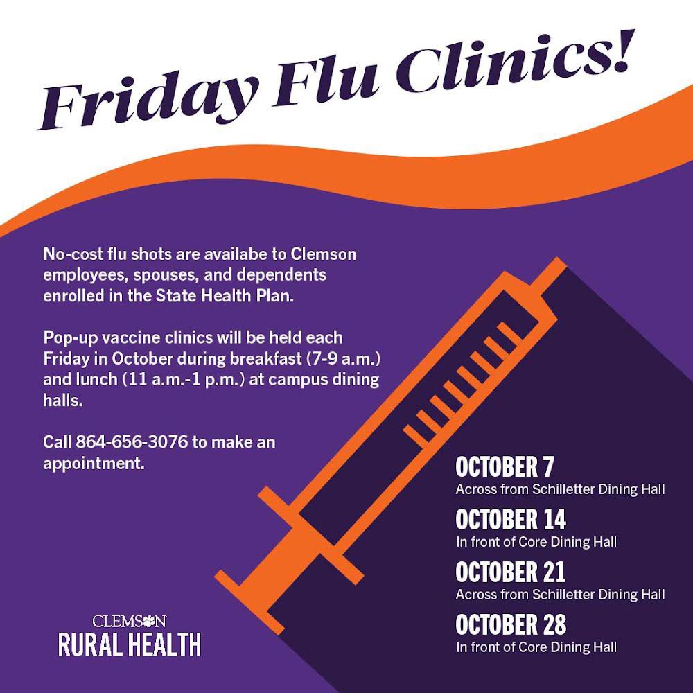 Clemson Rural Health offering flu shots for faculty and staff Clemson