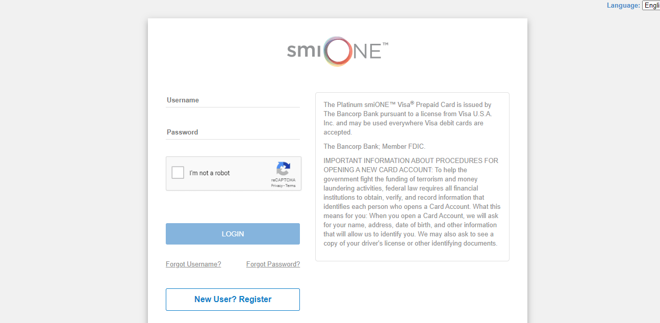 SmiONE Prepaid Visa Card Login