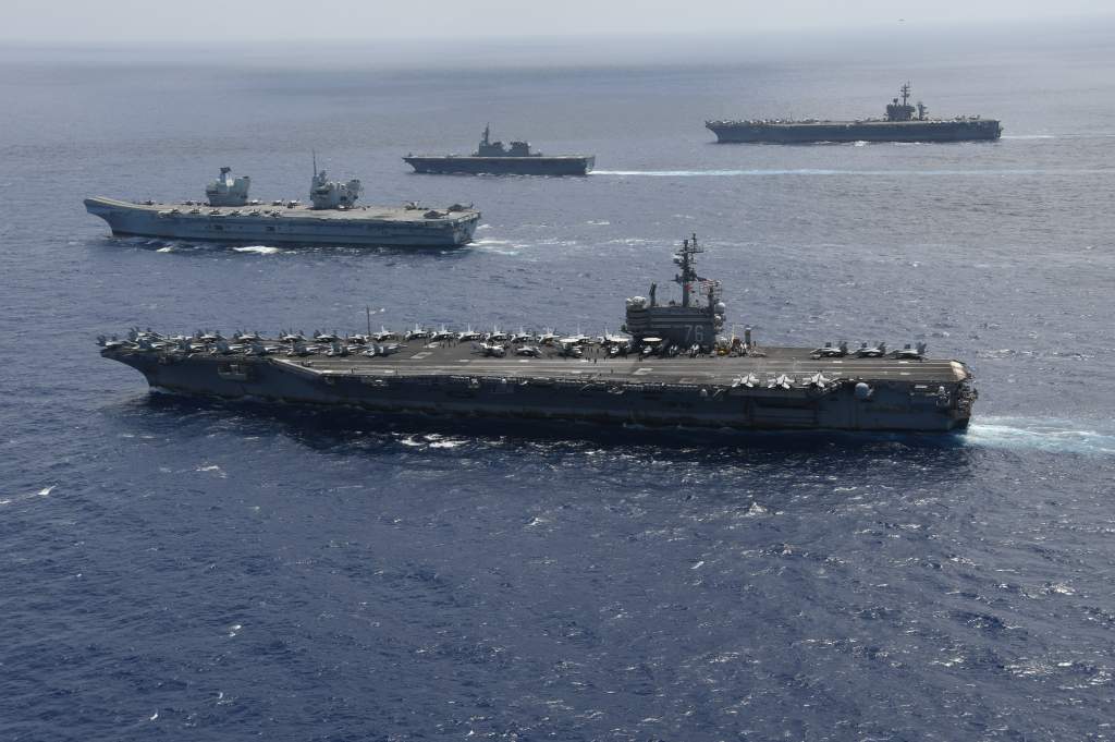 U.S., U.K. Aircraft Carriers Drill with Japanese Big Deck Warship in
