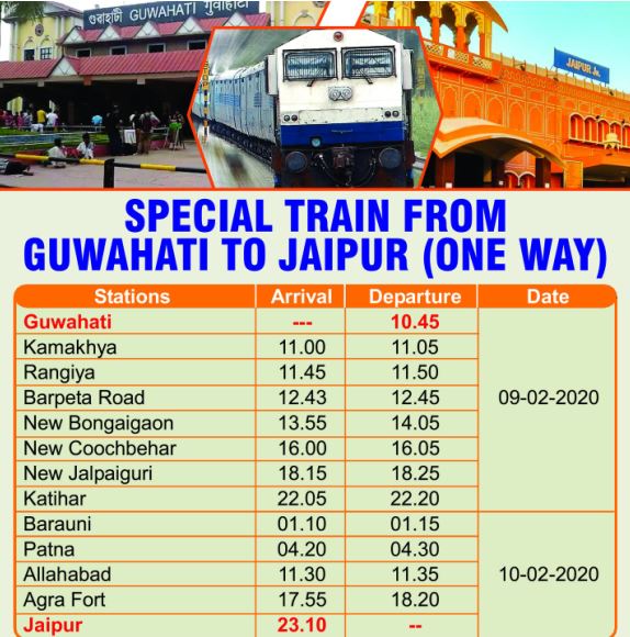 One Way Guwahati to Jaipur Special Train in February News Live