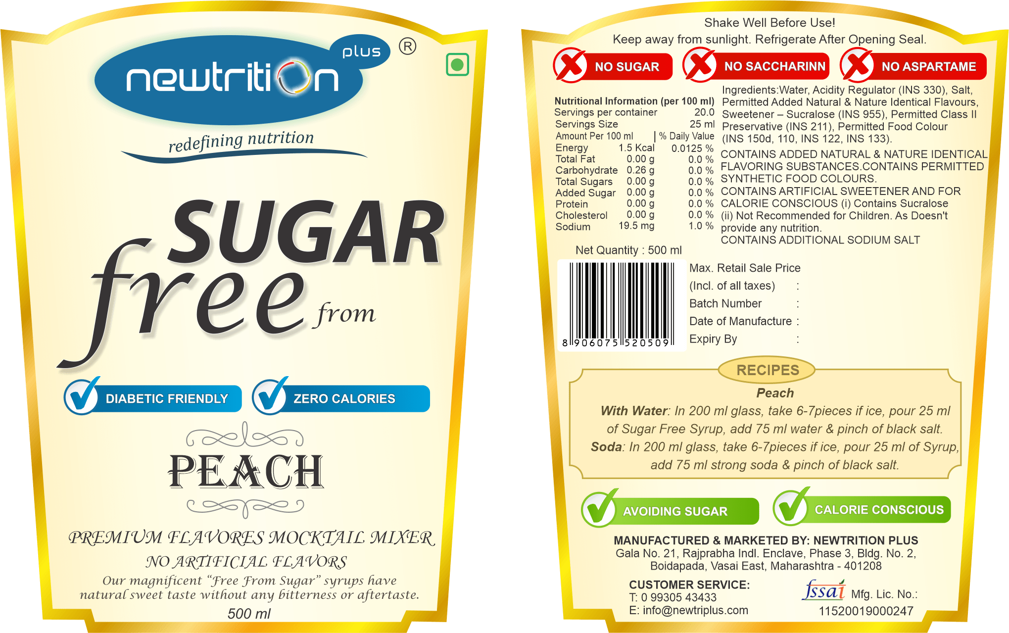 PEACH SUGAR FREE MIXER / SYRUP