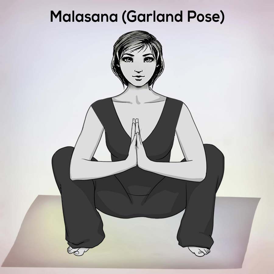 Malasana, Garland Yoga Pose Step Benefit Precaution tips nexoye