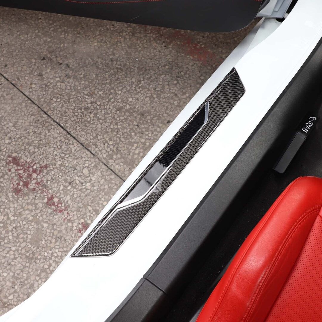 202024 C8 Corvette Soft Carbon Fiber Door Sill Covers in Black / Red
