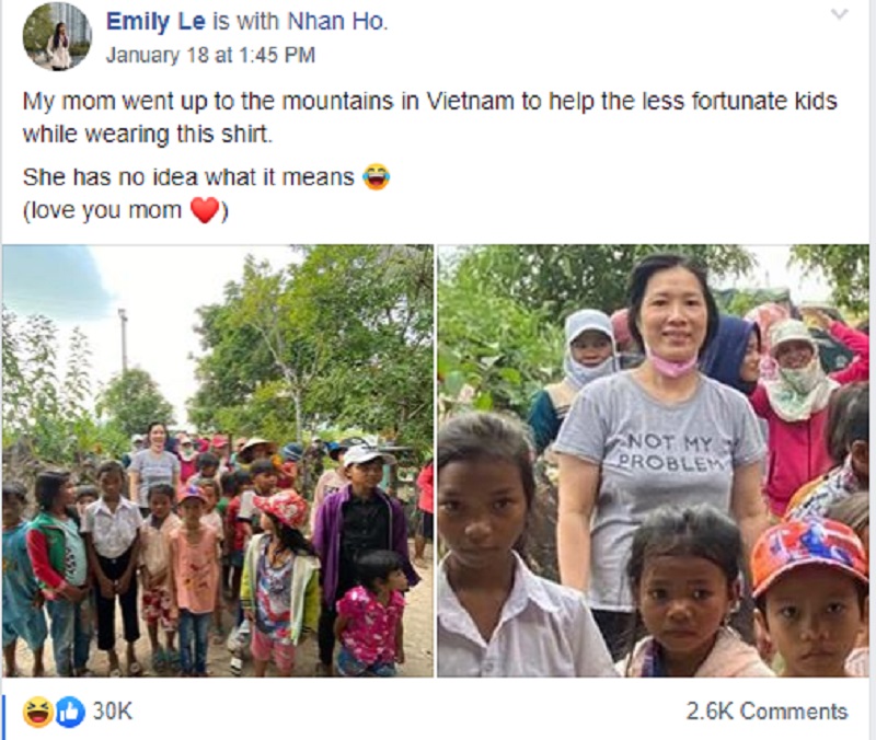 Vietnamese Mom Wears 'Not My Problem' Shirt While Doing Charity Work