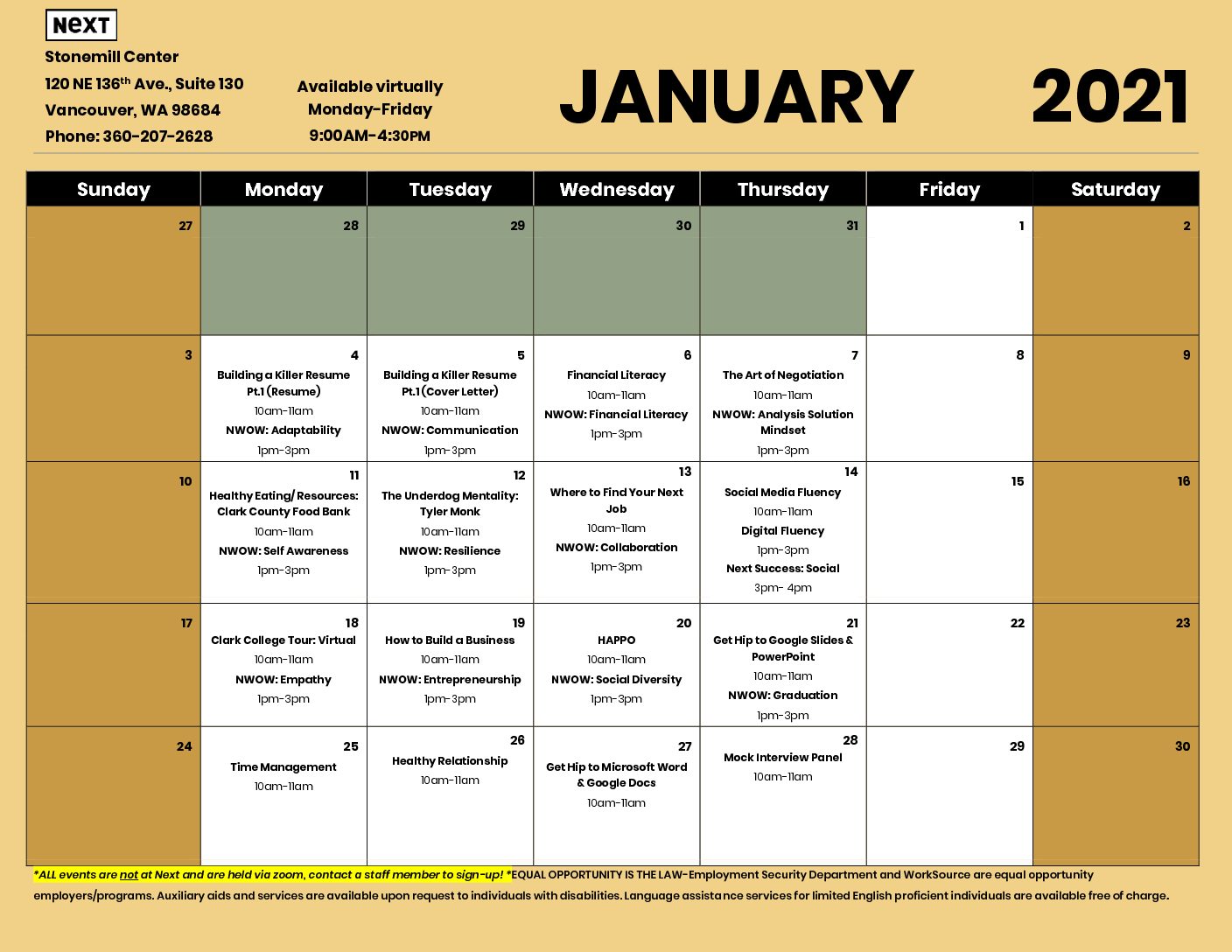 January 2021 Calendar of Events Next