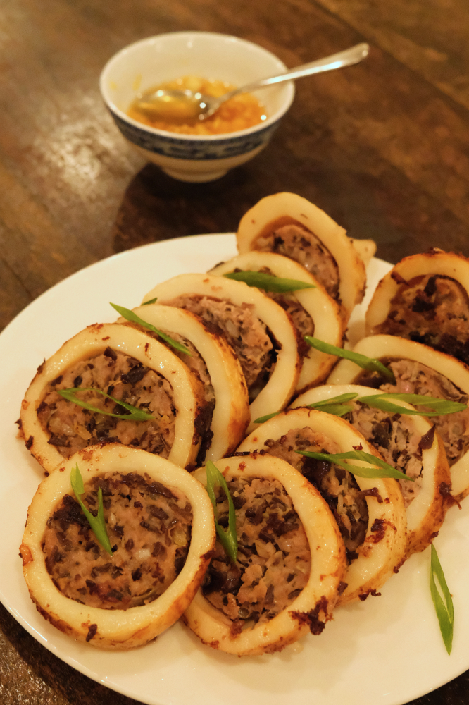 Vietnamese stuffed squid with ginger sauce Nga's cuisine