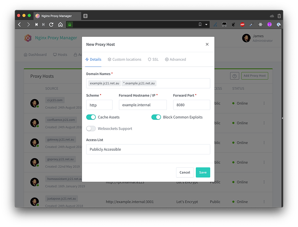Screenshots Nginx Proxy Manager