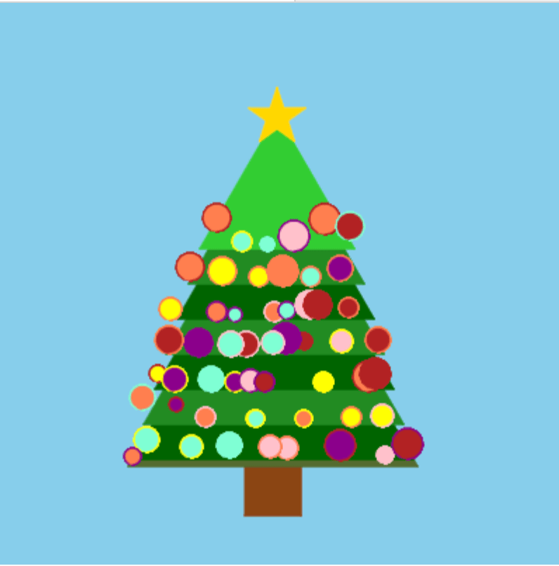 Screen shot of ClicktoDecorate Christmas Tree Python game in Trinket.io