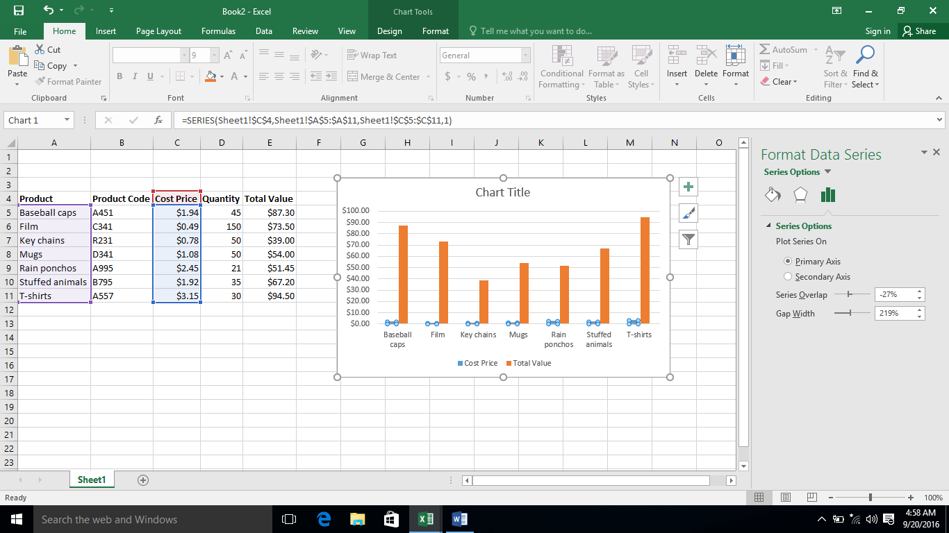 Create a chart with a secondary axis in Excel 2016 New Horizons