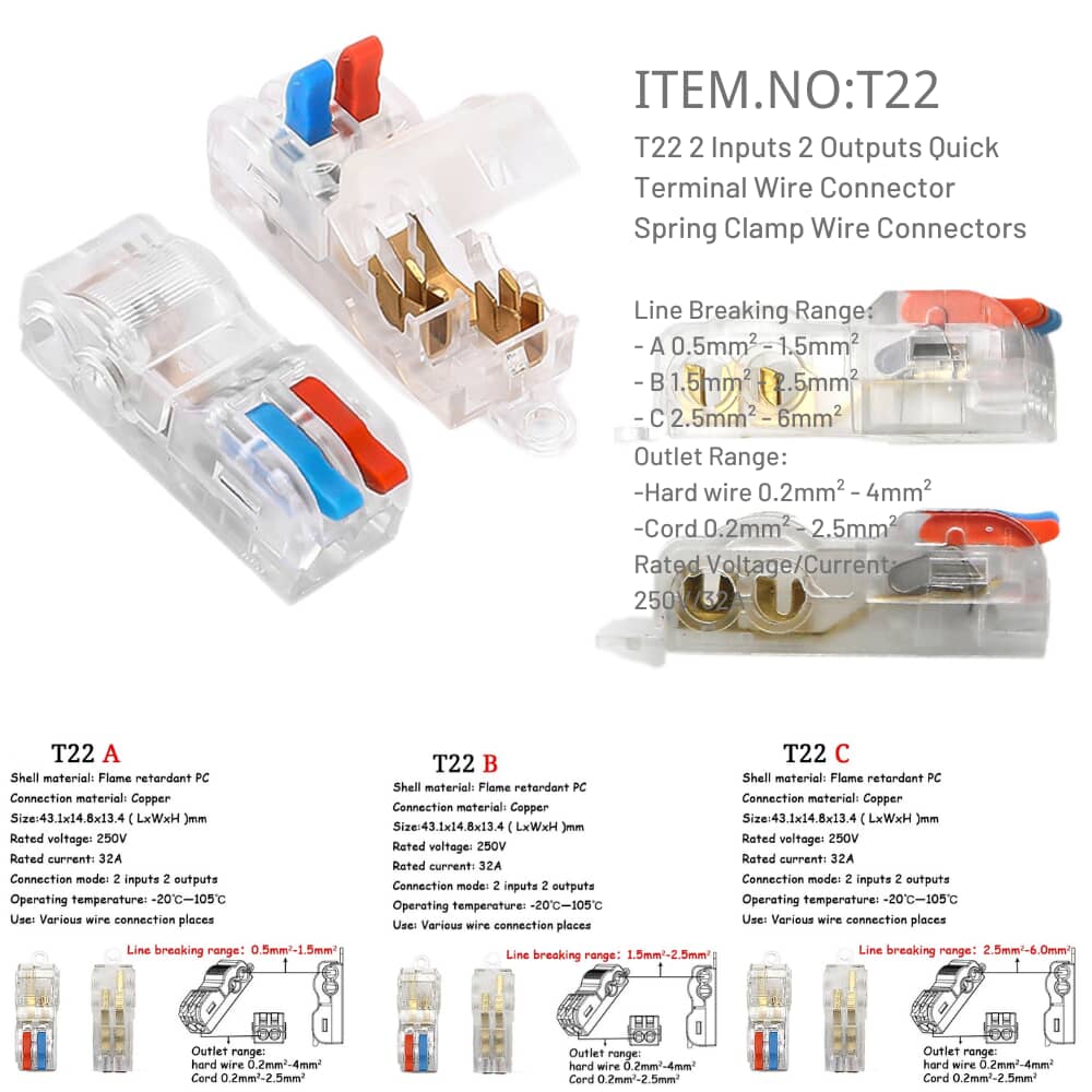 T22 2 Inputs 2 Outputs Quick Terminal Wire Connector Spring Clamp Wire