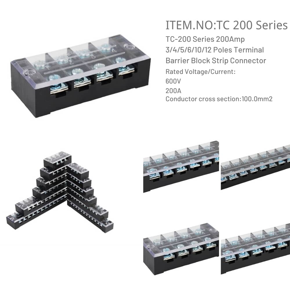 TC200 Series 200Amp 3/4/5/6/10/12 Poles Terminal Barrier Block Strip
