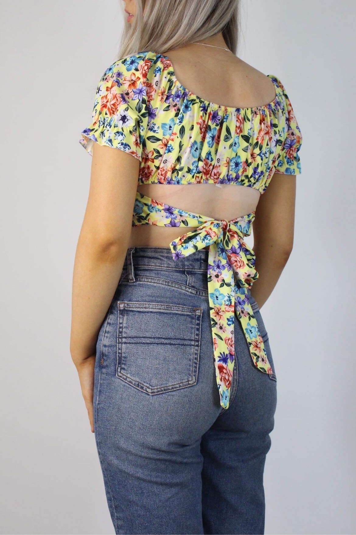 Tie Knot Back Floral Crop Top Yellow Niamhy Clothing