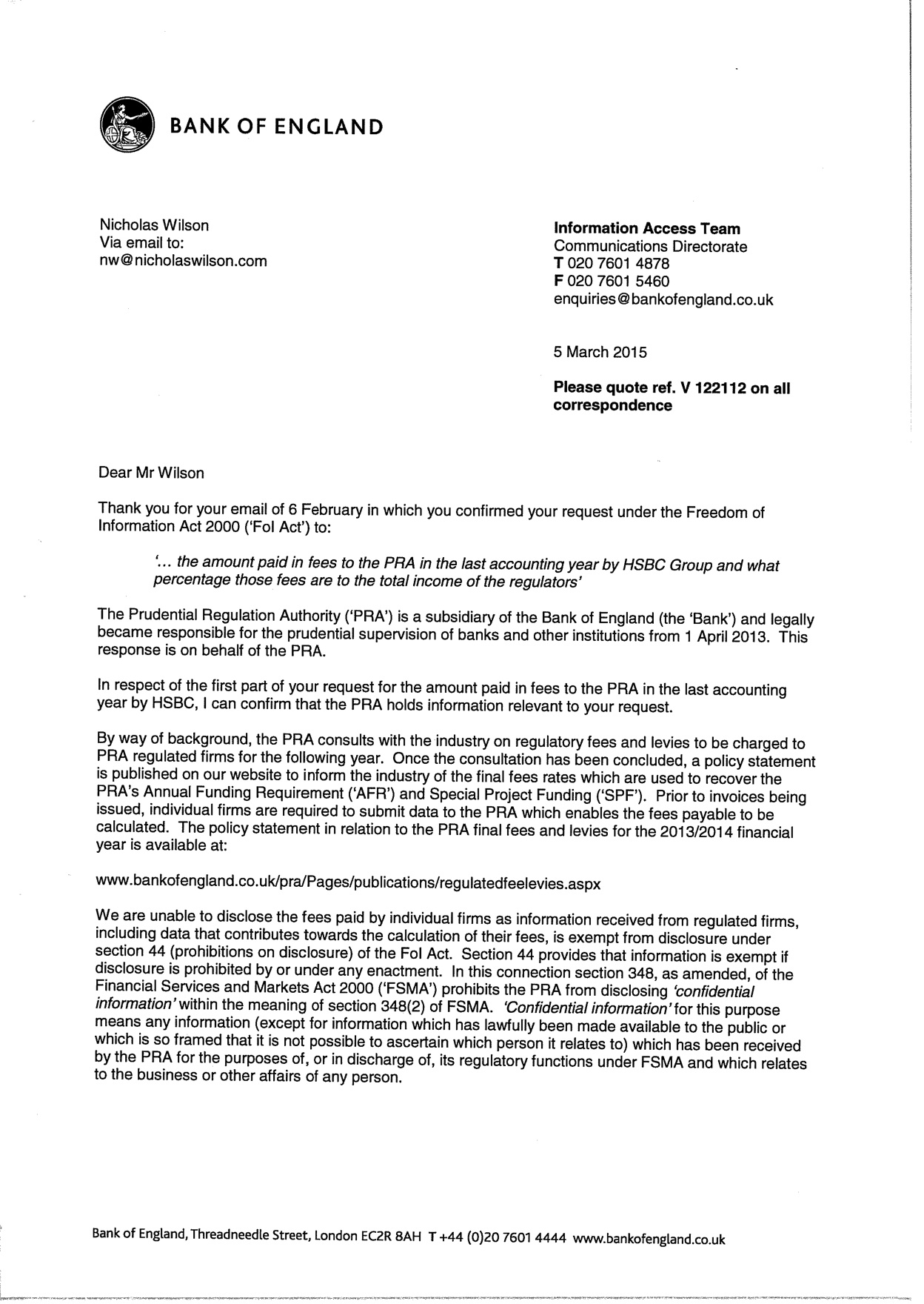 FCA and BoE refuse to provide HSBC fee data Mr Ethical