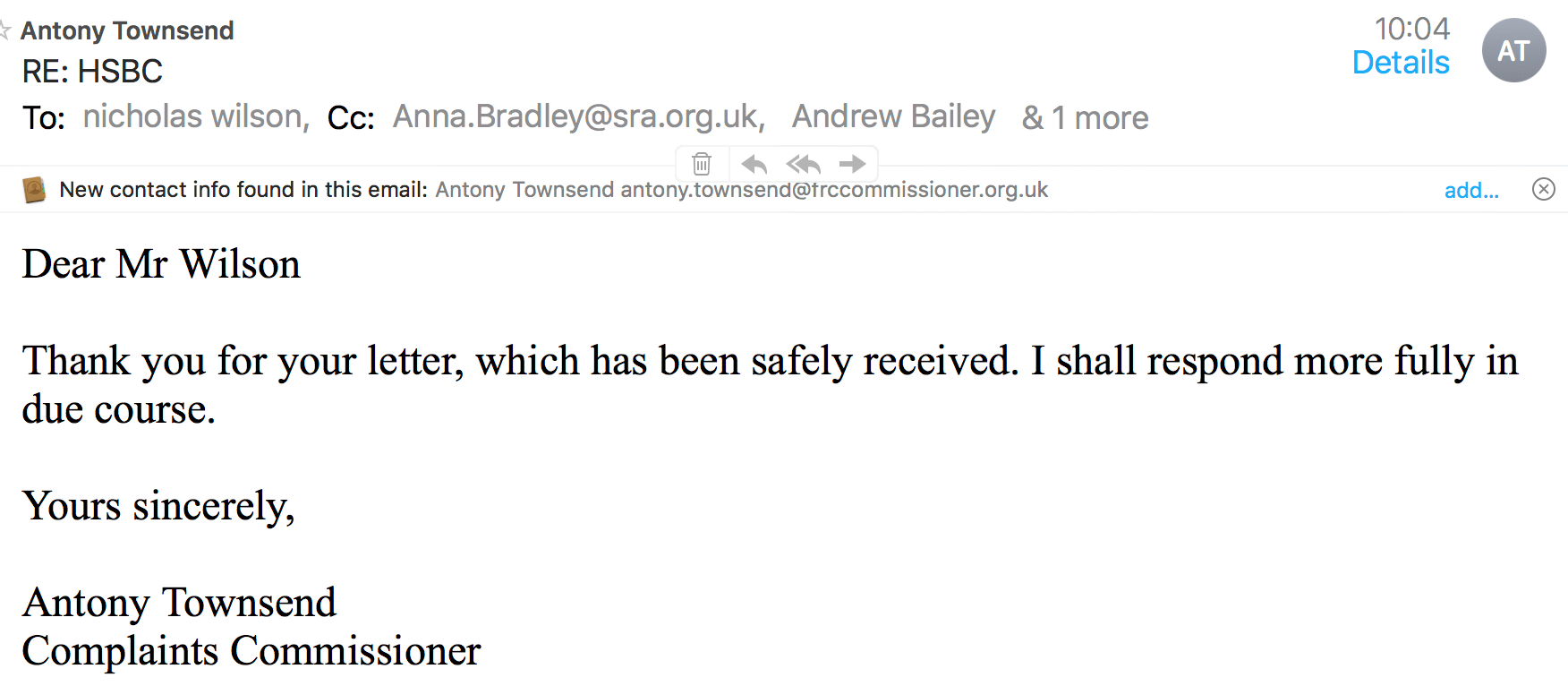 HSBC Fraud correspondence with Financial Conduct