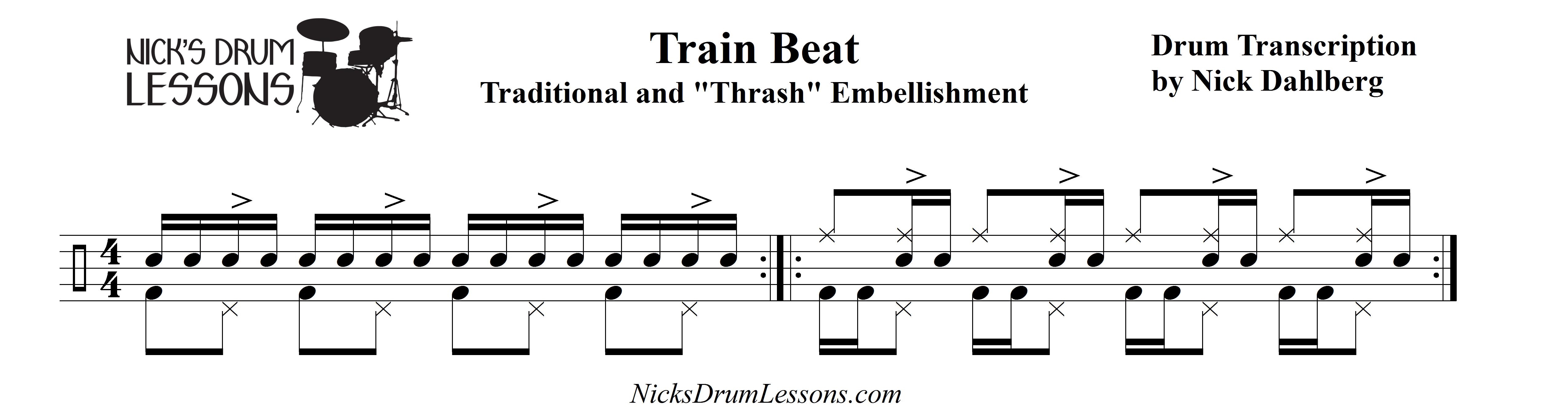 How to Play a Train Beat and "Thrash" Embellishment Nick's Drum Lessons