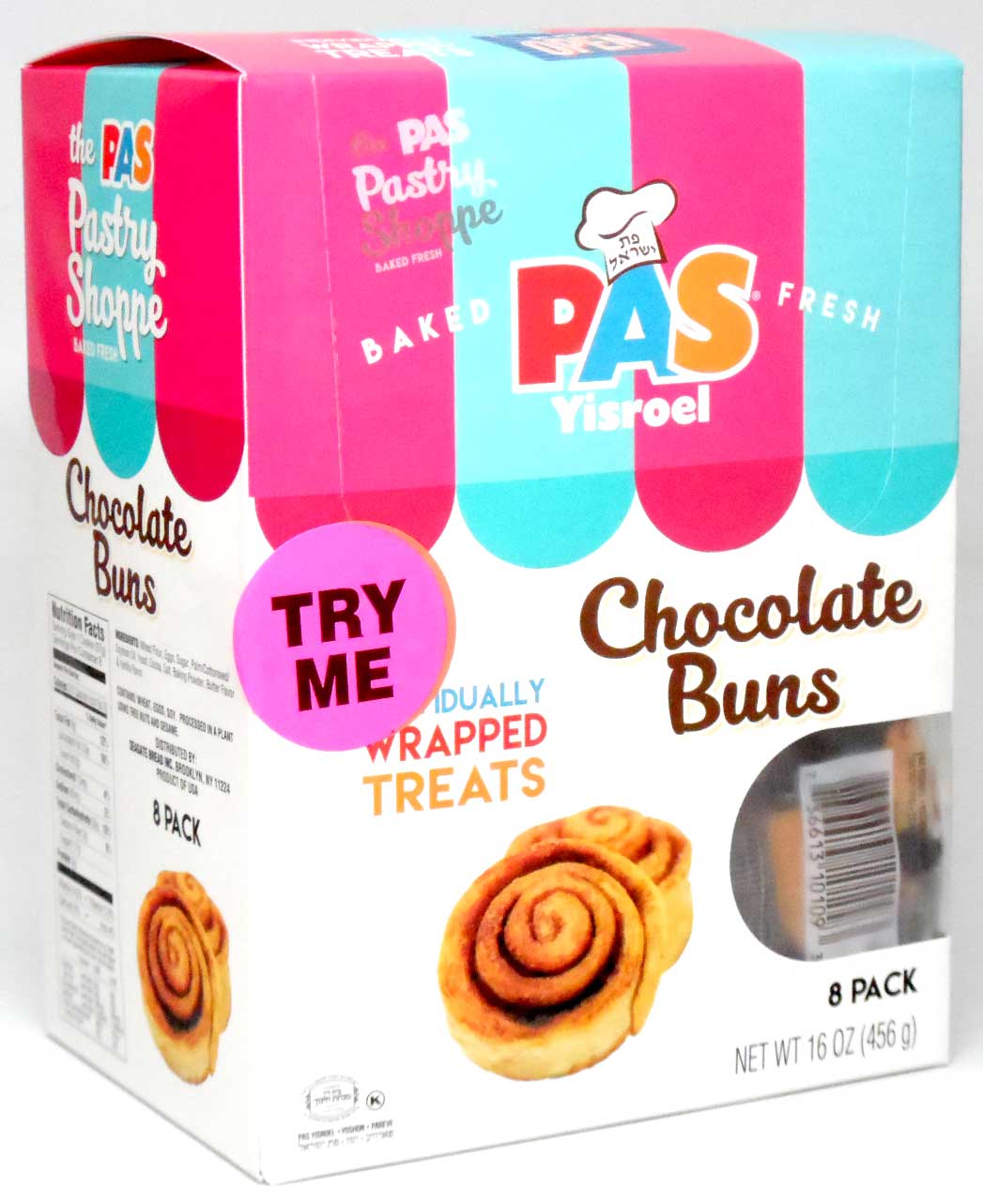 851858003343 PAS YISROEL INDIVIDUAL WRAP CHOCOLATE BUNS 12/8PK
