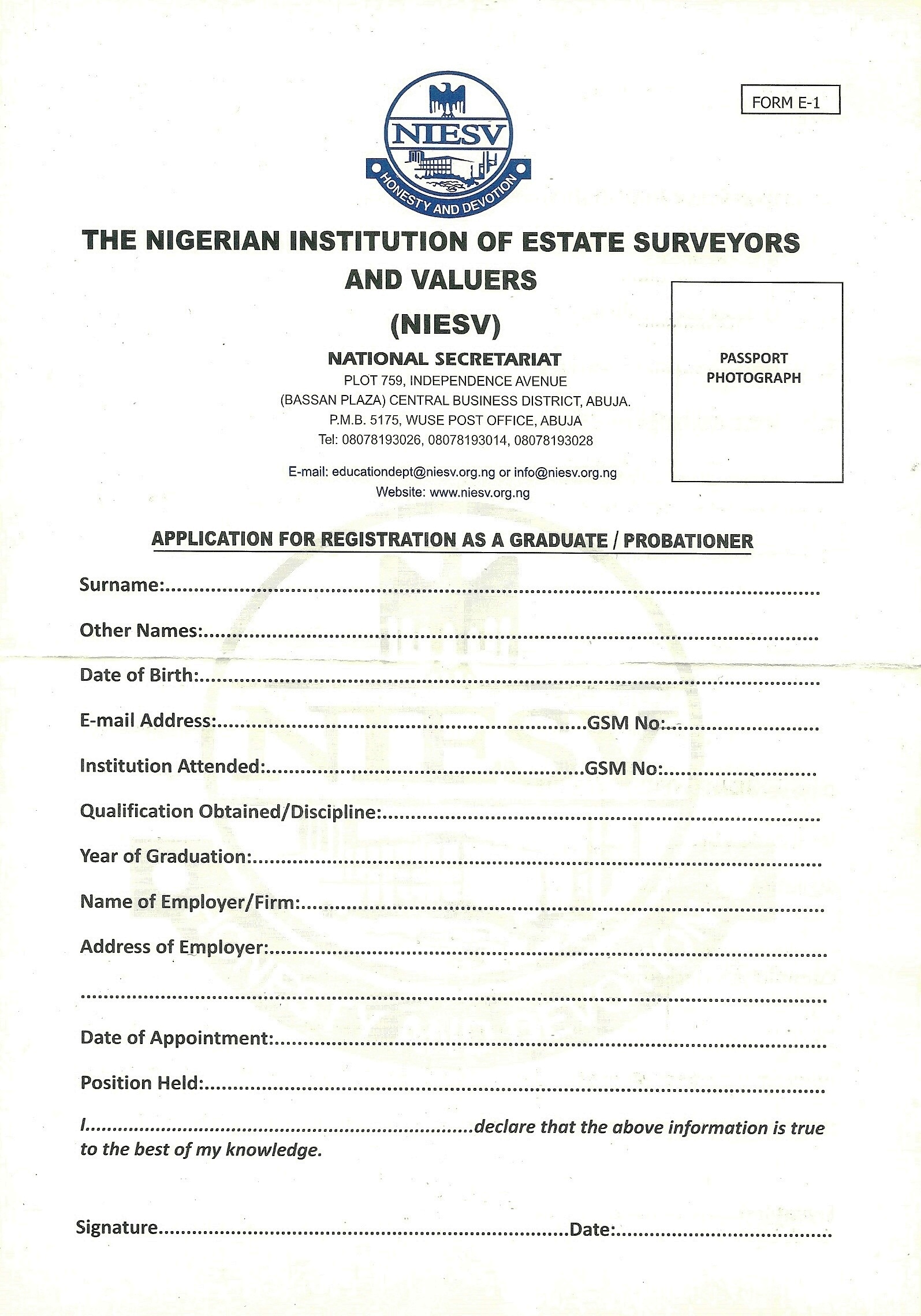 NIESV National New Membersip registration