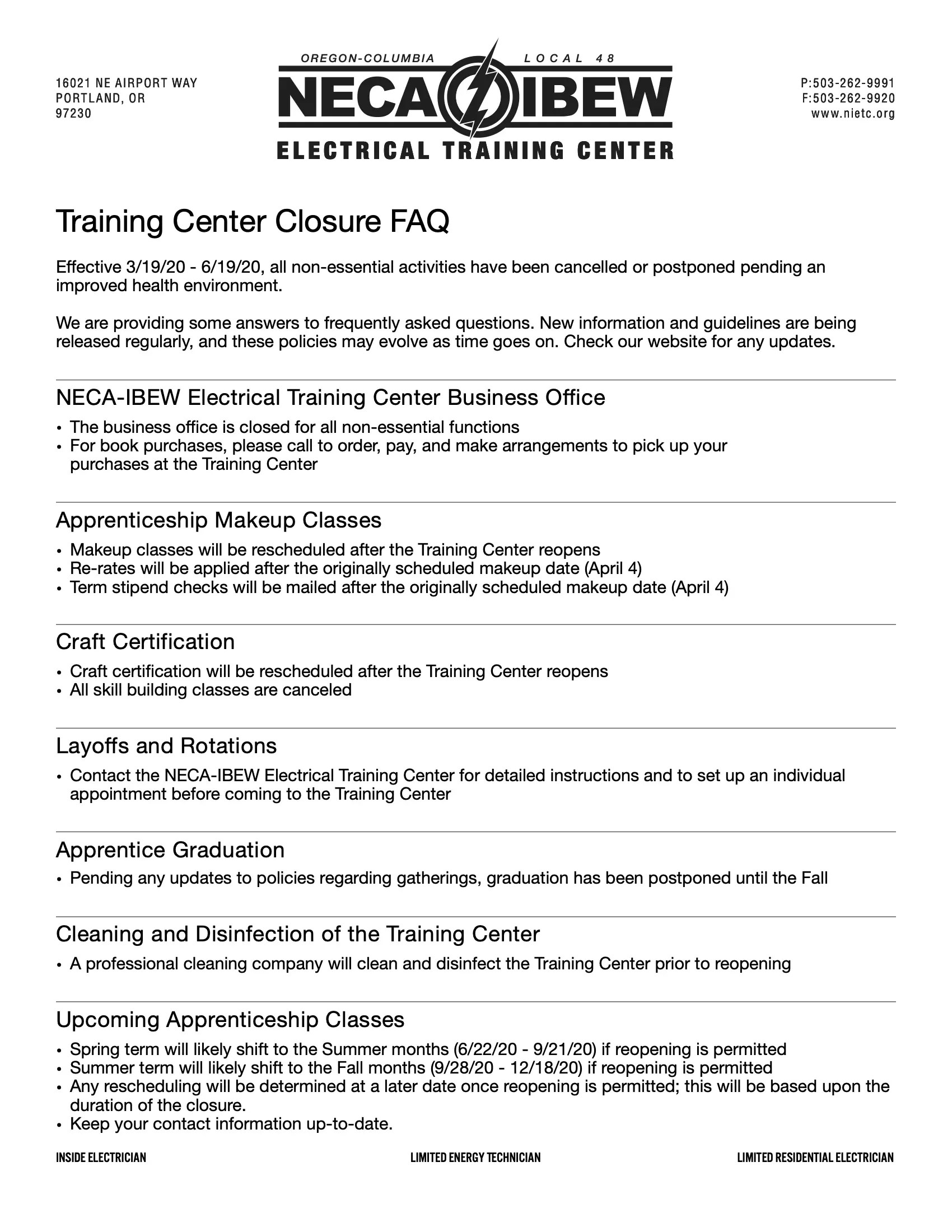 Closure FAQ's NECAIBEW Electrical Training Center