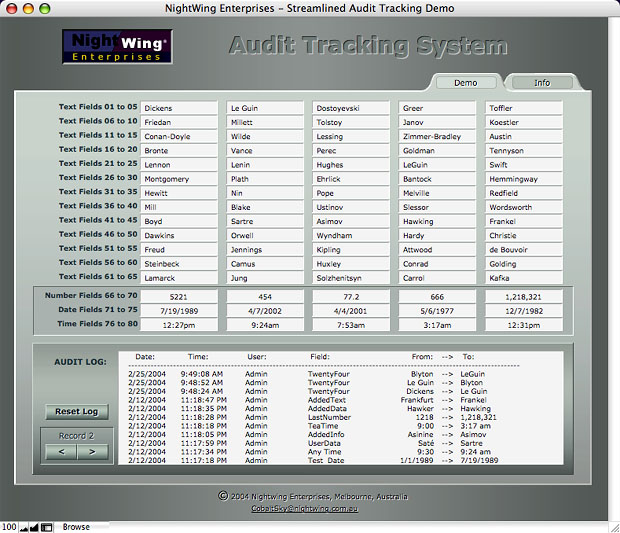 NightWing Enterprises Audit Tracking System for FileMaker Pro