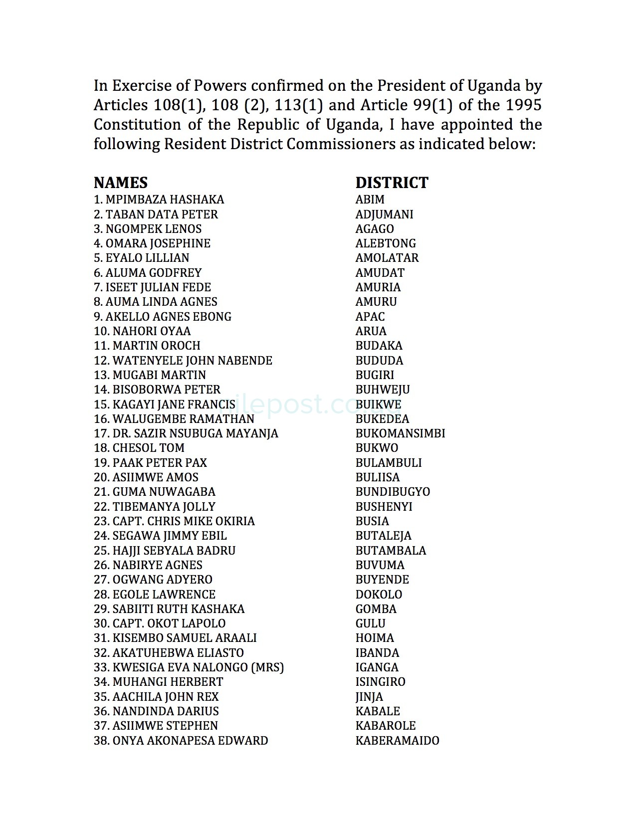 Rdc List Posting Uganda 2023 Full List: Museveni Reshuffles Rdcs - Nile Post