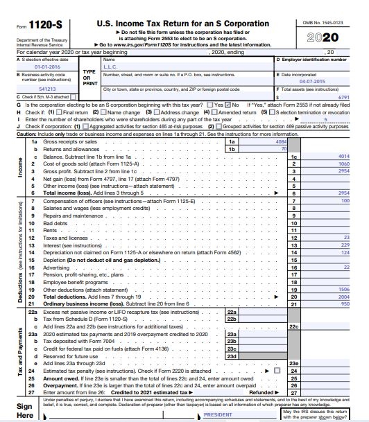 2020 Form 1120S1 Nina's Soap