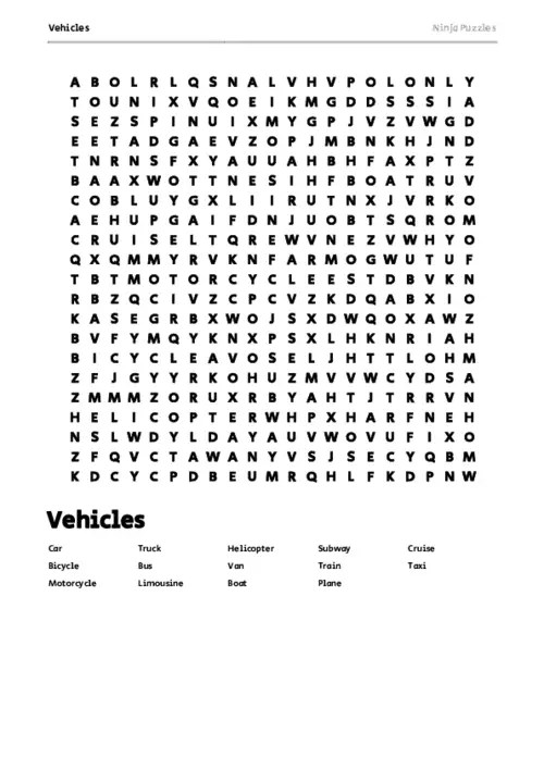 Free Printable Vehicles themed Word Search Puzzle Free Printable PDF