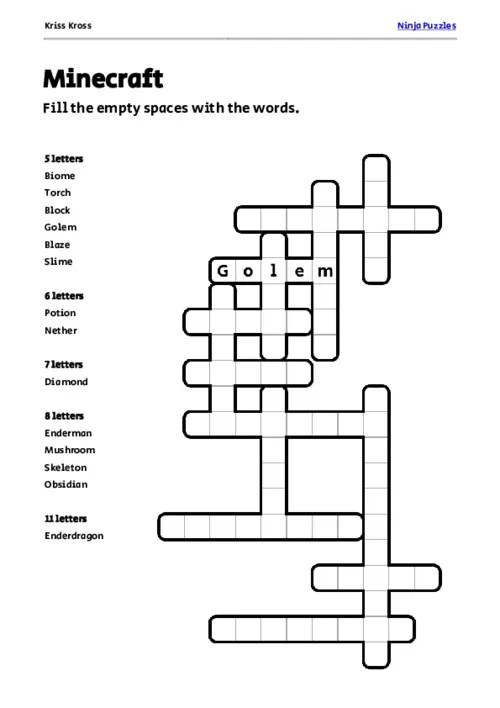 Free Minecraft KrissKross Puzzle Free Printable PDF