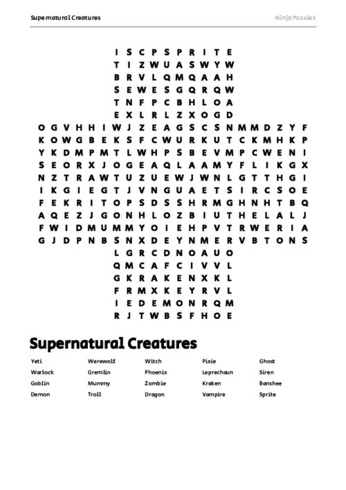 Free Printable Supernatural Creatures themed Word Search Puzzle Free